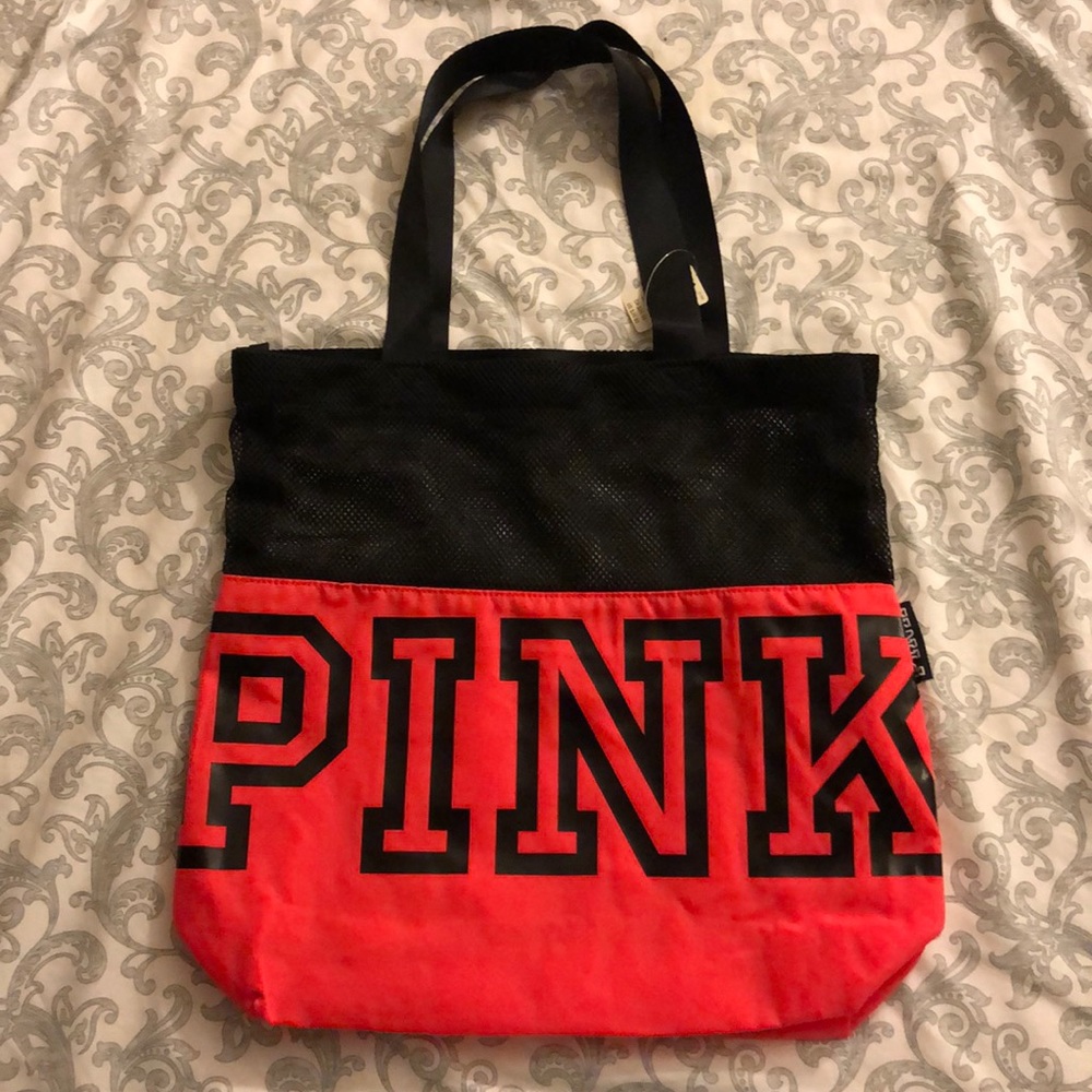 PINK Red and Black Mesh Tote Bag